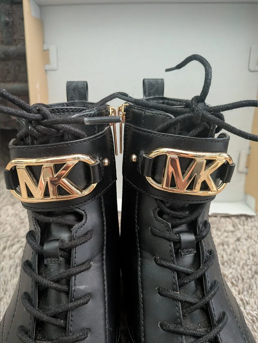 Michael Kors Black Leather Combat Boots with Gold MK Accent Size 9